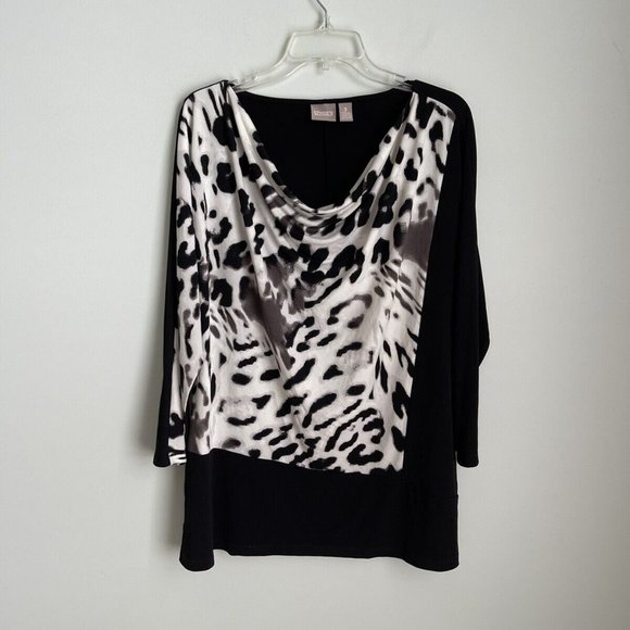 Chicos 3 Black White Animal Print Draped 3/4 Sleeve Top - Picture 1 of 6